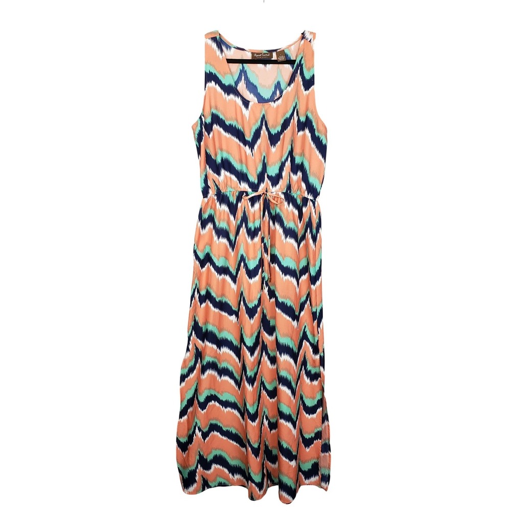 Speed Control‎ Size L Sleeveless Blouson Maxi Dress Peach Blue Chevron Stripe